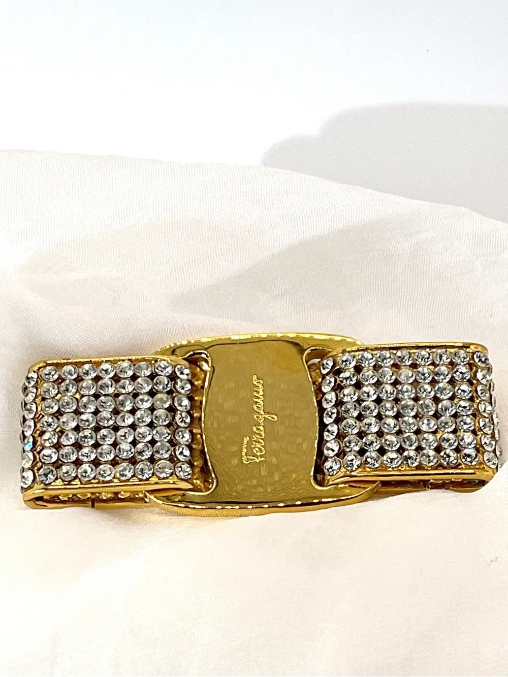 Salvatore Ferragamo Gold and Crystal Vara-Style Bow Brooch